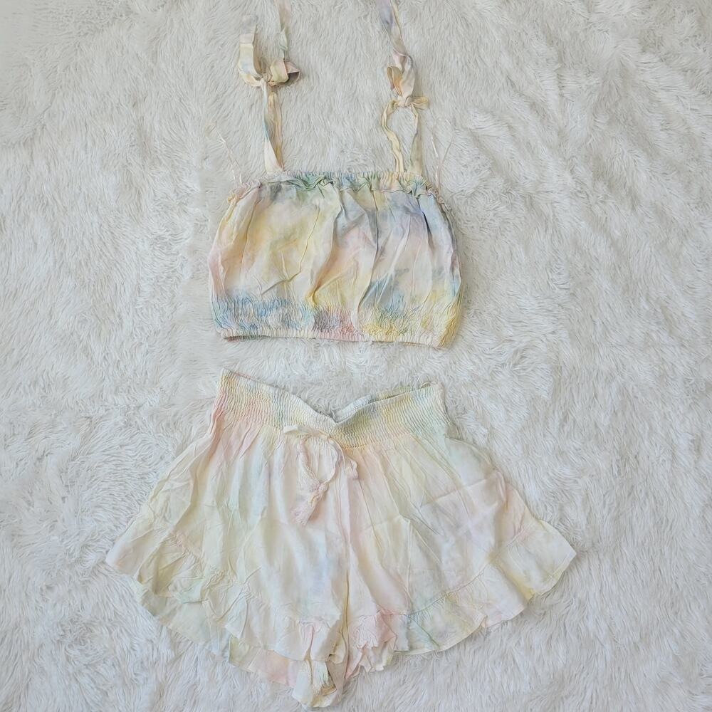Tie Dye Smocked‎ Crop Top Ruffle Shorts Set Pastel Rainbow Large